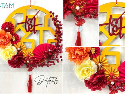 Vòng treo cửa Tết họa tiết khung cửa chữ Tết  [Bằng gỗ] ĐK 50cm VTC-T-44